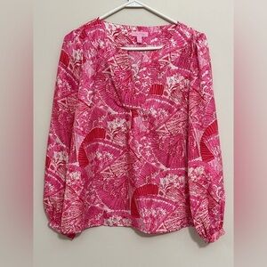 Lilly Pulitzer Womens Oversize XS 100% Silk Long Slv Top Pink Asian Fans Vibrant
